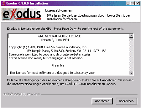 Bildschirmfoto: GNU/GPL Lizenzvereinbarung in der ersten installationsmaske