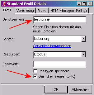 Bildschirmfoto: neues Jabber-Konto anmelden