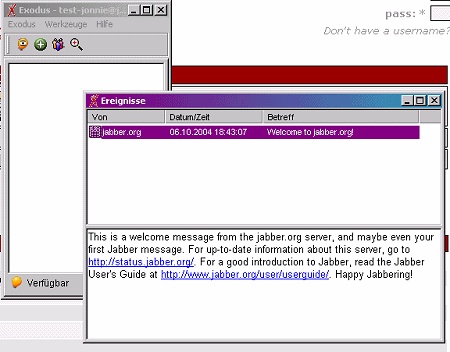 Bildschirmfoto: Willkommensnachricht des Jabberservers