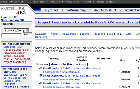 Bildschirmfoto der Sourceforge Downloadseite