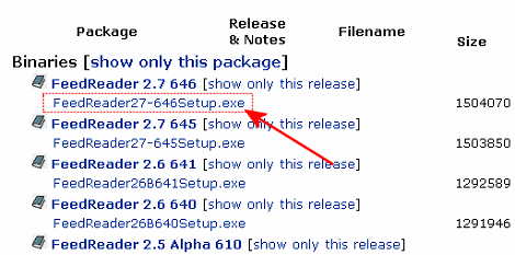 Bildschirmfoto der Sourceforge Downloadseite mit dem Download-Link zur aktuellsten FeedReader-Version