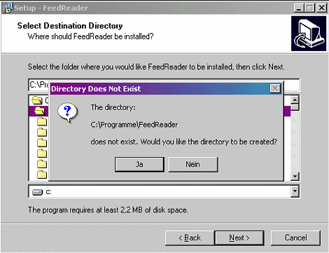 Bildschirmfoto: Installationsprogramm fragt nach, ob das gewünschte Verzeichnis erstellt werden soll