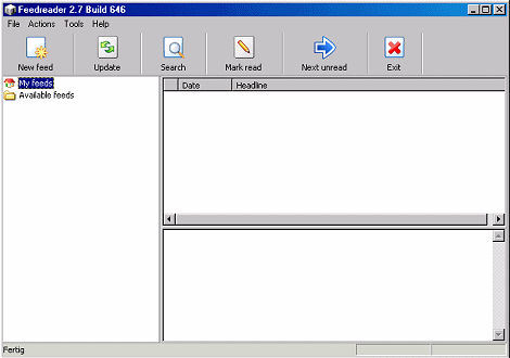 Bildschirmfoto des FeedReaders nach seinem ersten Start
