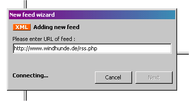 Bildschirmfoto: FeedReader versucht sich mit der RSS-URL zu verbinden