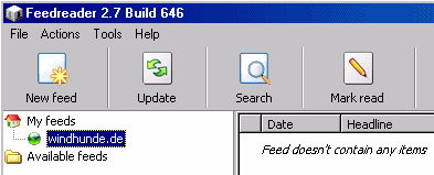Bildschirmfoto des ersten Einlesens eines RSS-Feeds