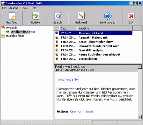 Bildschirmfoto des Meldungsfensters von FeedReader