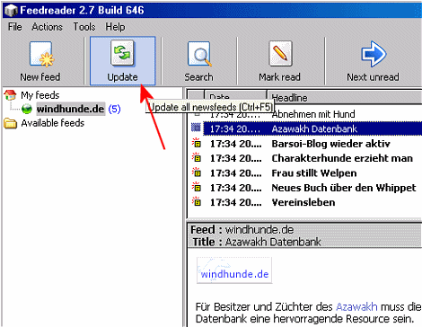 Bildschirmfoto: Manuelle Aktualisierung der Feeds in FeedReader