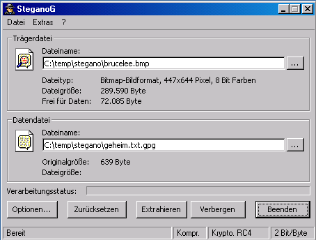 Verbergen der verschlüsselten Textnachricht in einer Bilddatei mit SteganoG
